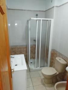 a bathroom with a shower and a toilet and a sink at THREE BEDROOM APARTAMENT II NEAR SANTA CRUZ in Santa Cruz de Tenerife