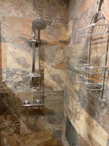 a shower in a bathroom with a stone wall at Excellent Studio au cœur historique de Fréjus in Fréjus