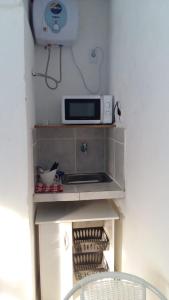 un microondas sentado en un estante en una cocina en Munaywasy monoambiente para dos, en Piriápolis