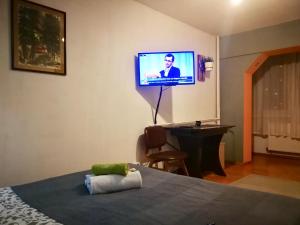 a bedroom with a bed with a television on the wall at Nexus Holiday in Miercurea-Ciuc