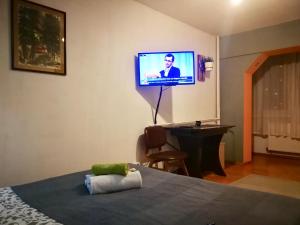 1 dormitorio con 1 cama y TV en la pared en Nexus Holiday, en Miercurea-Ciuc