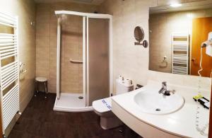 a bathroom with a shower and a sink and a toilet at Hotel Rural Casa Ramiro in Cedrillas +31 photos