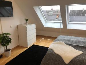 1 dormitorio con 1 cama, TV y ventana en Newtown Apartments Bremen, en Bremen
