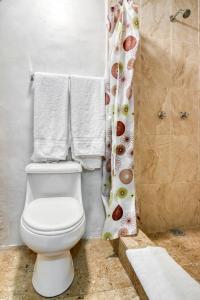 a bathroom with a toilet and a shower curtain at Hotel Casa Arcángel in San Miguel de Allende