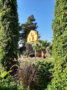 a garden with a yellow building in the distance at Rancho El Campanario en La Ruta del Vino in Valle de Guadalupe