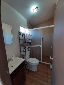 a bathroom with a toilet a sink and a shower at Rancho El Campanario en La Ruta del Vino in Valle de Guadalupe