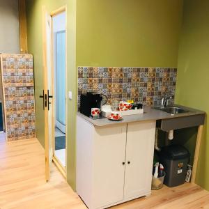a kitchen with a counter and a sink in a room at Fly in fly out in Mārupe