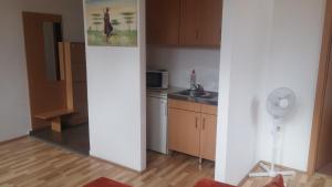 a room with a kitchen with a sink and a stove at Central Apartman Sopron in Sopron