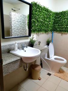a bathroom with a sink and a toilet and a mirror at 516 Bristle Ridge 1209 Condo Unit Rental in Baguio