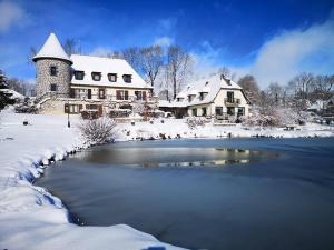 une maison et un étang dans la neige dans l'établissement Les Maisons de Montagne - Chez Marie, à Pailherols