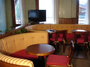 a waiting room with couches and tables and a tv at Hotel Adamello in Temù