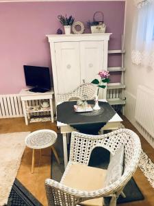 einen Tisch und Stühle in einem Zimmer mit lila Wänden in der Unterkunft Relaxační studio VERA s UBYTOVÁNÍM in Valtice