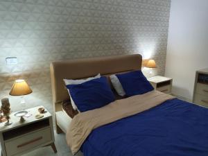 ein Schlafzimmer mit einem Bett mit blauer Bettwäsche und zwei Lampen in der Unterkunft Luxury and Splendid 2 Bedrooms Apartment in Jardin De Carthage Tunis in Tunis