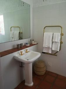 een badkamer met een wastafel, een spiegel en handdoeken bij Le Petit Vignoble in Kaapstad
