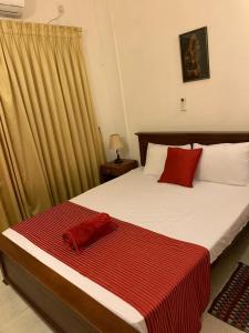 a bedroom with a large bed with red pillows at MJM Villa in Colombo
