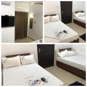 three pictures of a hotel room with two beds at LAKSHMI TOURIST HOME in Guruvāyūr