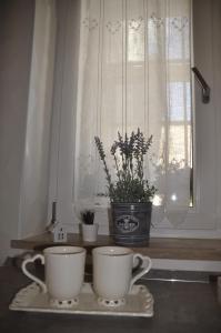 deux tasses à café sur une table avec une fenêtre dans l'établissement Bed and Breakfast San Saturnino, à Cagliari