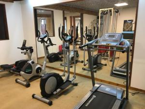 - une salle de sport avec plusieurs tapis de course et vélos d'exercice dans l'établissement Logis Hotel Oasis, à Villaines-la-Juhel