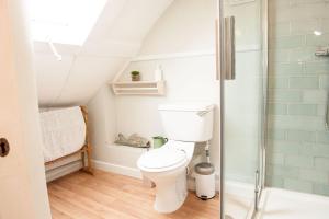 a bathroom with a toilet and a shower at Lavender Cottage in Lyme Regis +22 photos