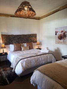 a bedroom with two beds and a chandelier at Affi lande Boetiek guestfarm in Fouriesburg
