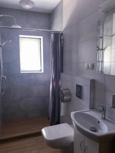 y baño con aseo, lavabo y ducha. en Lawendowy Hostel Wrocław, en Wroclaw