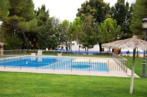 a large swimming pool with an umbrella and grass at Hotel El Cortijo de Daimiel in Daimiel