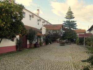 a cobblestone street with a tree and a building at Antiga Moagem in Vimieiro