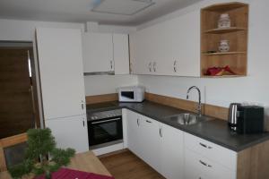 a kitchen with white cabinets and a sink at Apartment Hochkönigblick Pilzegg in Embach