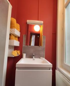 La salle de bains est pourvue d'un lavabo, d'un miroir et de serviettes. dans l'établissement Résidence MUSEE-HOME - Centre ville Valenciennes, à Valenciennes