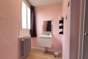a pink bathroom with a sink and a mirror at Résidence MUSEE-HOME - Centre ville Valenciennes in Valenciennes +79 photos