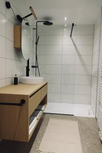 een badkamer met een wastafel en een douche bij Le Parvis - Résidence Le Cercle in Marche-en-Famenne