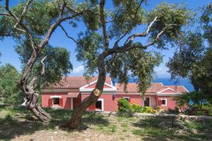 a pink house with trees in front of it at Paxos Sunrise Villas in Gaios
