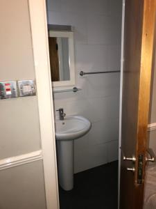 a bathroom with a sink and a mirror and a shower at The Ocean Inn in Edinburgh