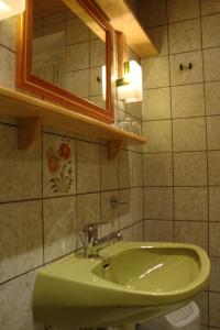 baño con lavabo verde y espejo en Maria Aichholzer, en Sankt Jakob im Rosental