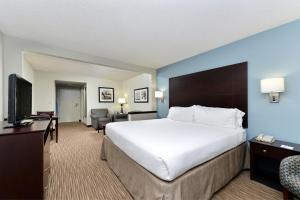 Holiday Inn Express Hotel & Suites Tampa-Rocky Point Island, an IHG Hotel في تامبا: غرفة فندقية بسرير كبير وتلفزيون بشاشة مسطحة