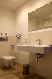uma casa de banho com um lavatório, um WC e um espelho. em Hotel Donnersberg em Darmstadt