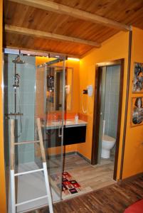 łazienka z przeszkloną kabiną prysznicową i toaletą w obiekcie Complejo Casas Rurales MANSIONES Y VILLAS DELUXE w mieście Collado Mediano