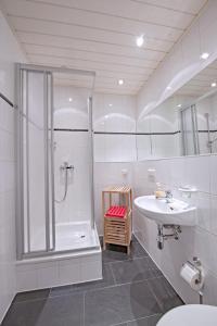 baño blanco con ducha y lavamanos en Ferienwohnung 143 en Annaberg-Buchholz