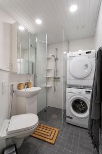 a bathroom with a toilet and a washing machine at Tuomas´luxurious suites, Koivu in Rovaniemi