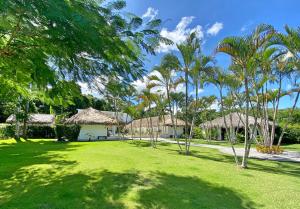 un patio verde con palmeras y cabañas en Adults-Only Hacienda Terra Taina, en Las Terrenas