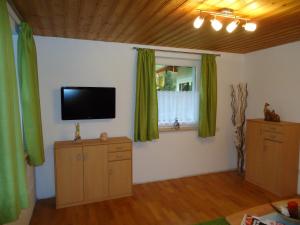 a living room with a flat screen tv and green curtains at Haus Zerza in Dorfgastein