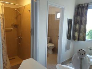 Salamandra Apartamentos في إل كالافاتي: حمام مع مرحاض ودش ومغسلة