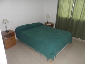 1 dormitorio con 1 cama con colcha verde en Mercedes Rocamora en Colón