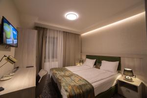 a hotel room with a bed and a flat screen tv at Pensiunea Luceafărul Sibiu in Sibiu