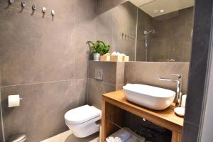 a bathroom with a sink and a toilet and a mirror at Karlo Main Square Apartments in Zagreb +30 photos