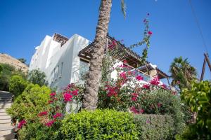 a white building with pink flowers and a palm tree at Penthouse Duplex overlooking the Mediterranean in Larnaka