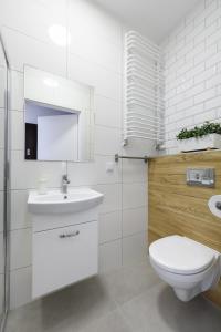 bagno bianco con servizi igienici e lavandino di Apartamenty RIO Olawa a Oława