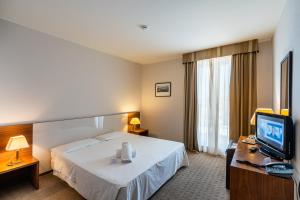 a hotel room with a bed and a television at Capo Peloro Hotel in Torre Faro