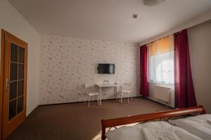 a hotel room with a bed and a desk and a television at Hotel Garni Orlova in Orlová