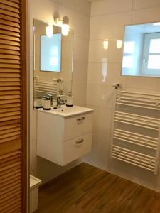 a white bathroom with a sink and a mirror at Gospodarstwo Agroturystyczne Kozłowiec in Dziemiany +41 photos